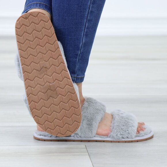 Grey Puff Fuzzy Furry Fluffy Slip On Plush Slippers Double Strap - Picture 8 of 13